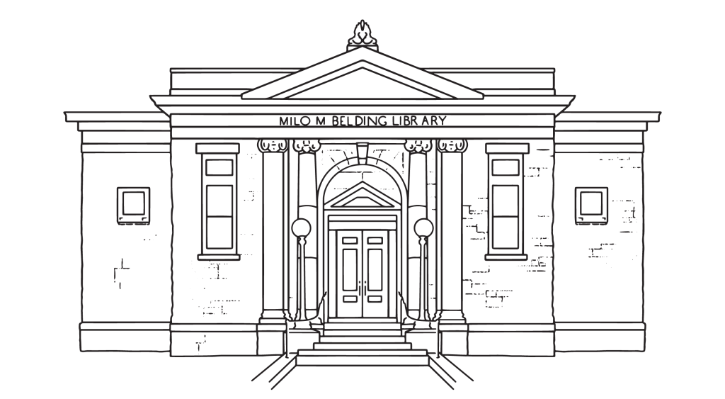 Black and white lineart of the front exterior of Belding Memorial Library.